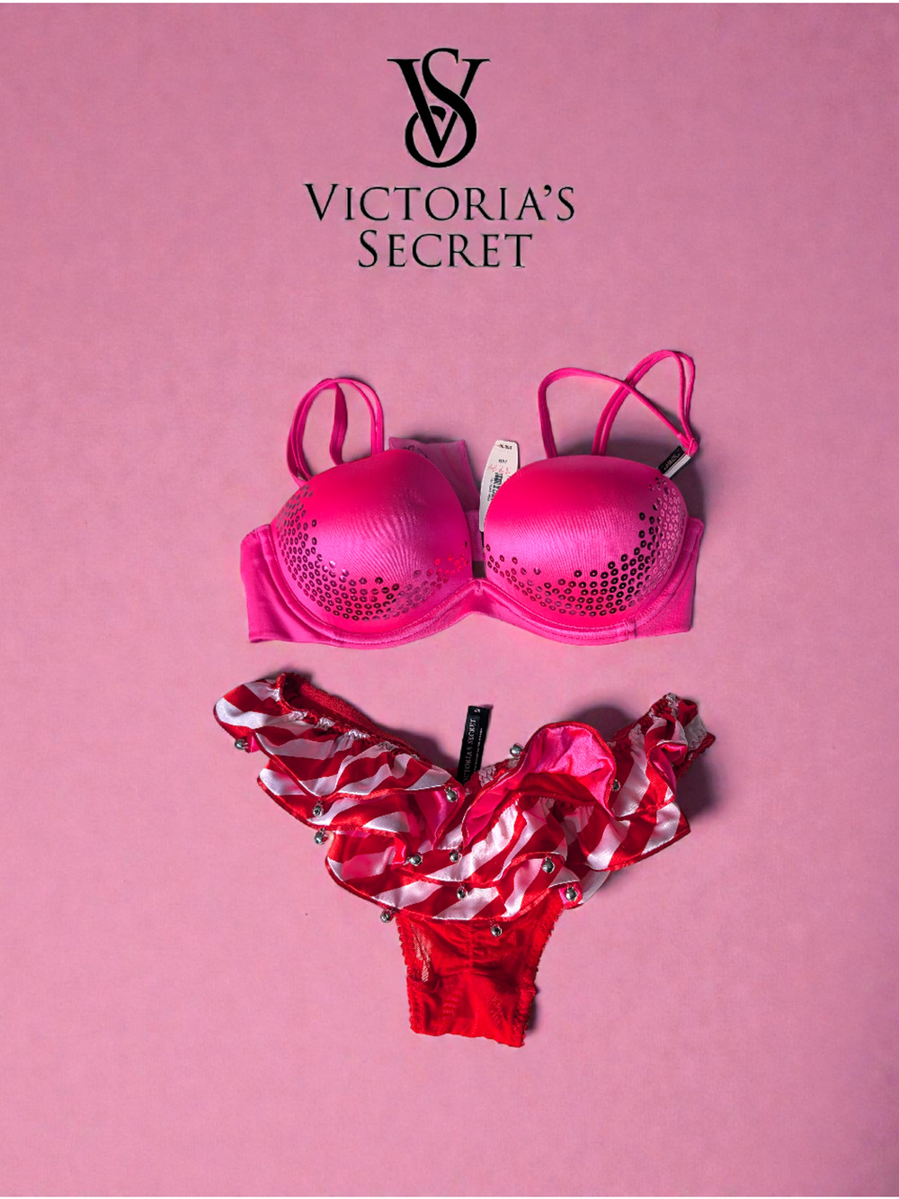 Victoria's Secret Red & Pink Bra Panty Set – Sexy Christmas Lingerie 34A/ XS